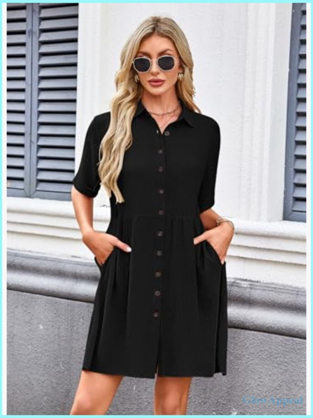 Women's Babydoll Dress Short Sleeve Button Down Sundress with Pockets - Picture 2 of 7